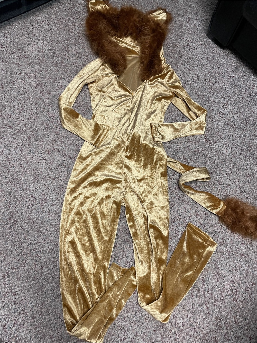 Sexy Gold Velvet Lion Hooded zip front cat style Jumpsuit- new